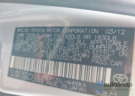 2012 Toyota Yaris Le из США, поврежденный, VIN JTDKTUD30CD527464